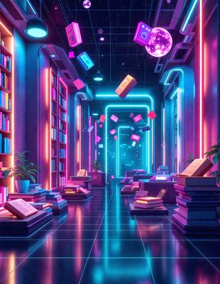 The primary subject of the image is a bookshelf filled with books. The setting is a room with a purple and pink color scheme, giving it a futuristic and whimsical atmosphere. The visual style is a digital art, with the books and the room's walls appearing as neon-colored, 3D objects. The colors and mood of the image are predominantly purple and pink, creating a unique and captivating environment.